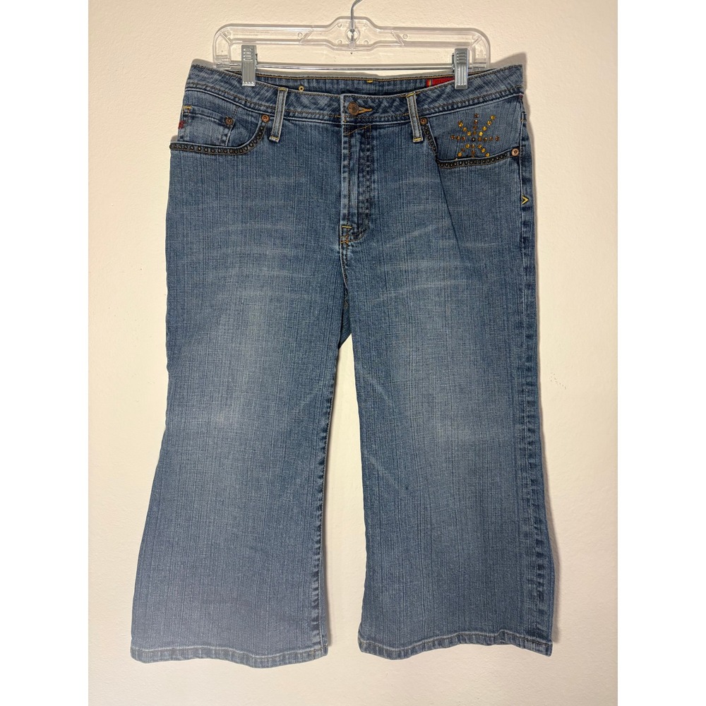 Seven7 Studded Cropped Jeans Womens 14 Medium Wash Rhinestone Wide Leg Y2K - Picture 1 of 14